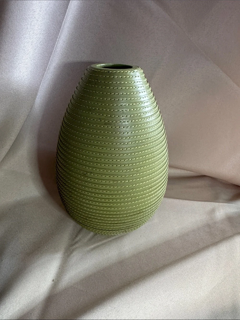 Vintage Crate & Barrel Green Leather Wrapped Teardrop Vase Ribbed MCM Accent